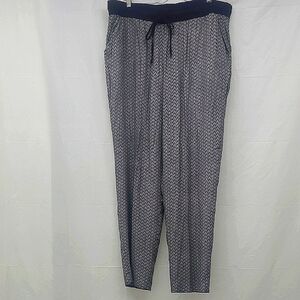 Casual Pants Elastic Waist Drawstring Relaxed Black White Chevron Print Ankle